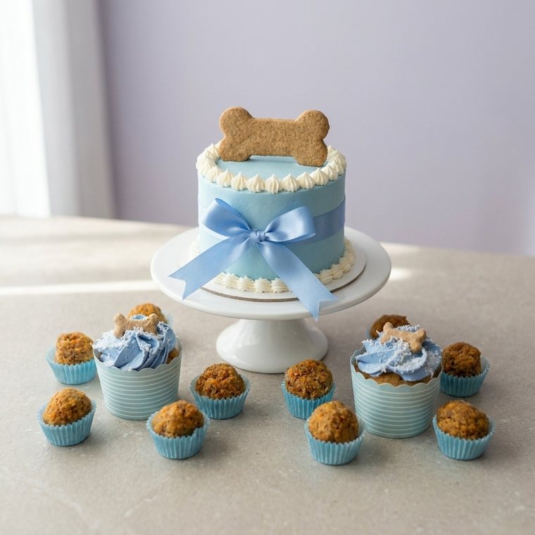 Kit festa com bolo, cupcakes e quibinhos para pets